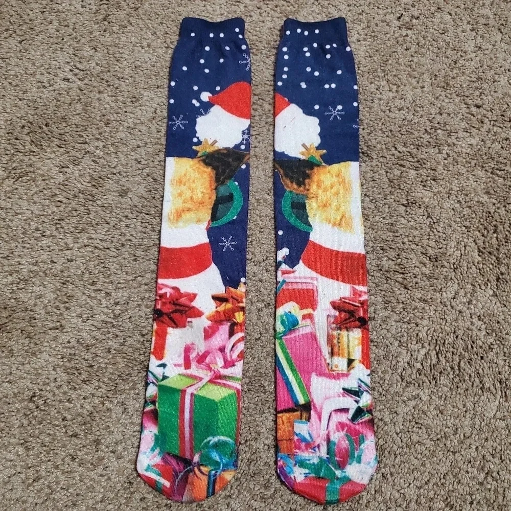 Christmas Holiday Women's Dog Presents Santa Knee High Socks 1 Pair
